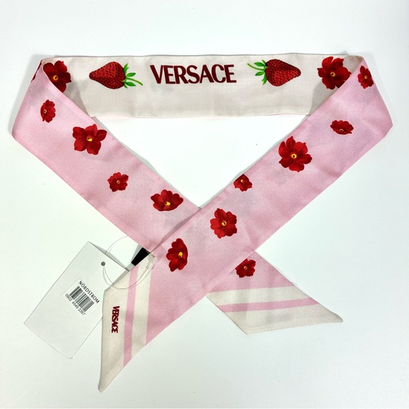 Versace Strawberry Garden Silk Skinny Twill Scarf Tie Logo Pink Red NWT - Picture 13 of 16